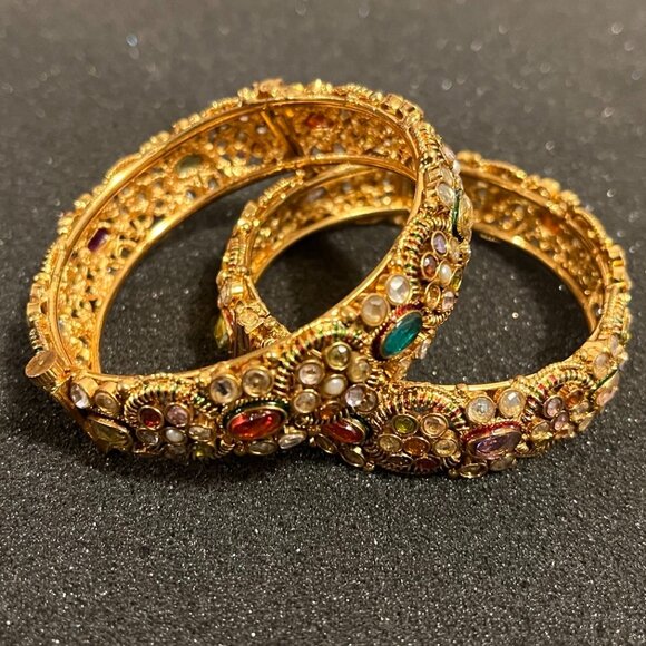 Gold-toned Bracelets with Rhinestones - 2.4" diameter - Picture 6 of 8